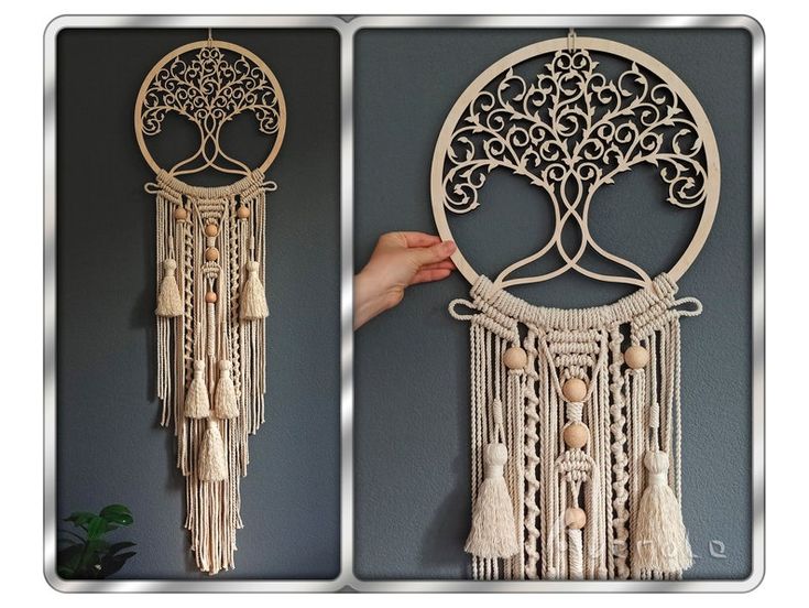 two pictures of an intricately designed wall hanging