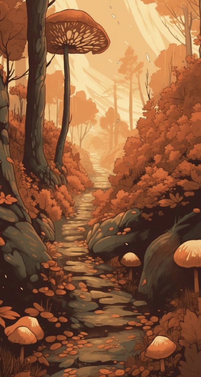 a painting of a path through a forest with mushrooms on the ground and trees in the background