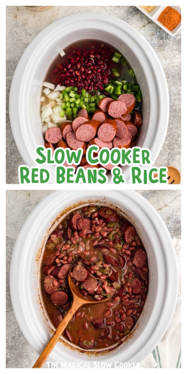 two pictures showing how to make slow cooker red beans and rice