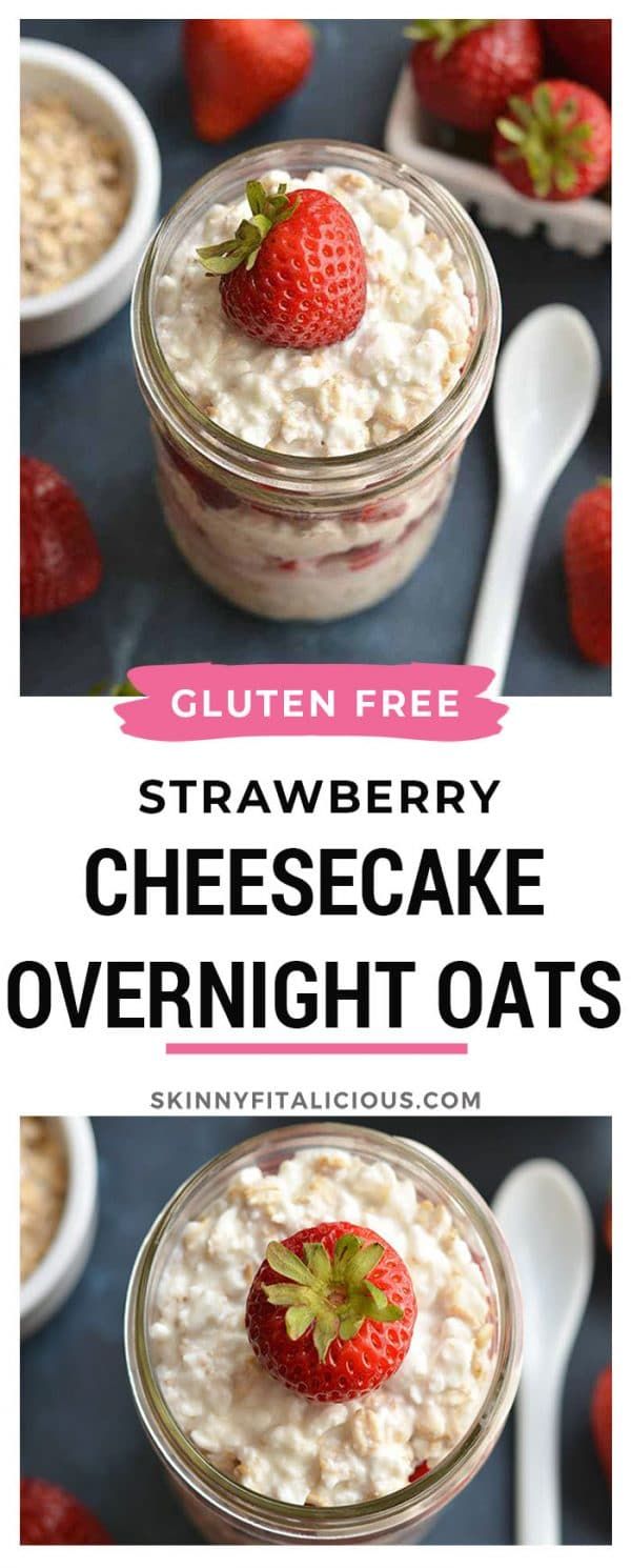 strawberry cheesecake overnight oats in mason jars with strawberries on the side and text overlay