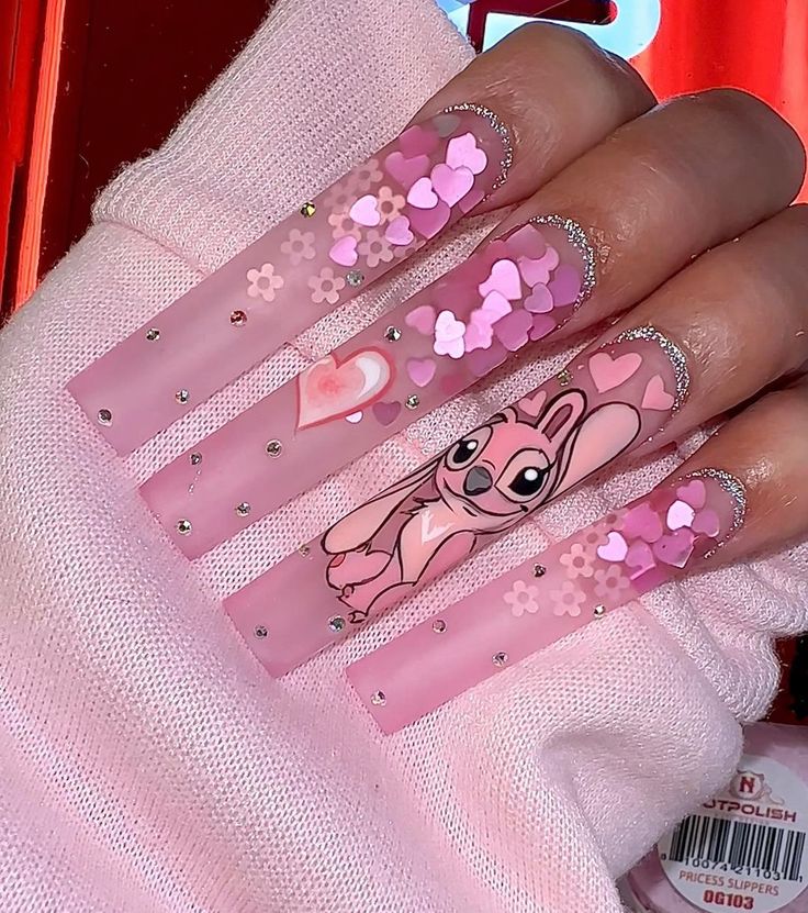 Spray Paint Nail Art, Stitch Nails Acrylic Short, Stitch Angel Nails, Pink Stitch Nails, Disney Princess Acrylic Nails, Stitch Valentines Nails, Stitch And Angel Nails Acrylic, Stitch Acrylic Nails, Stitch And Angel Nails