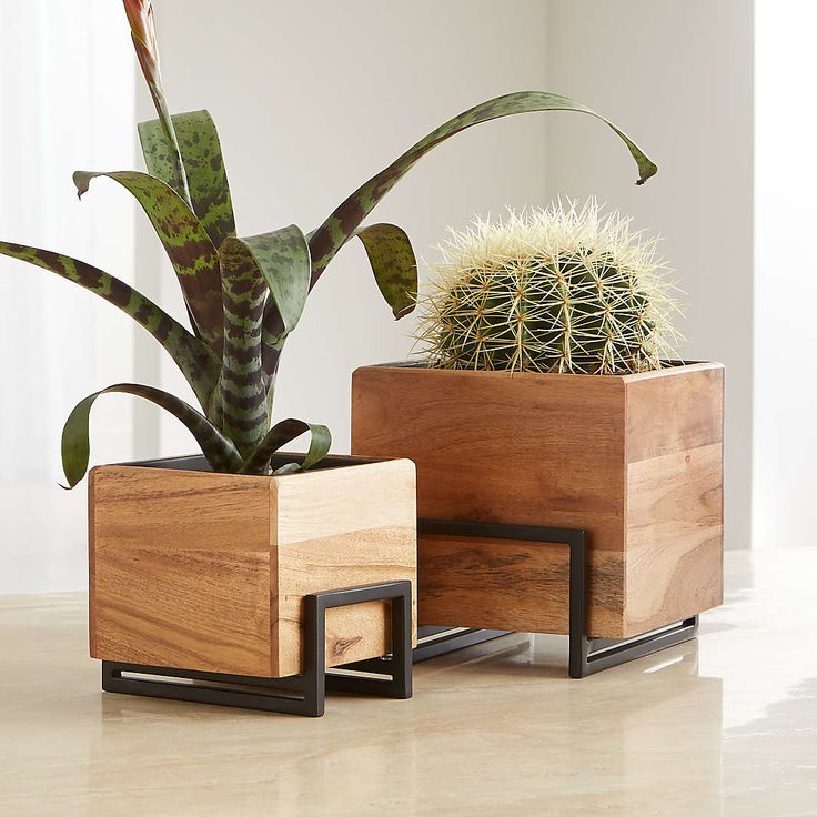 two wooden planters sitting on top of a table next to a cactus in a pot