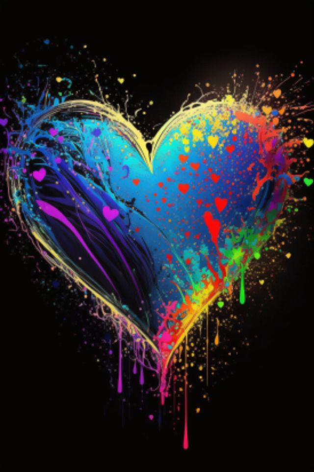 a colorful heart with paint splatters and sprays on the side, against a black background