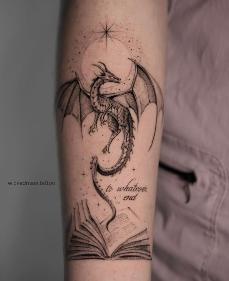 dragon tattoo Dragon From Harry Potter Tattoo, Dragon Tattoo For Women Fourth Wing, Open Book Dragon Tattoo, Dragon Tattoo Forearm Wrap, Inner Arm Dragon Tattoo, Dragon Flying Up Tattoo, Dragon Feminine Tattoo, Fourth Wing Dragons Tattoo, Fine Line Dragon Tattoo Back