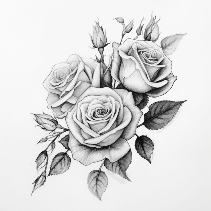 a drawing of three roses with leaves