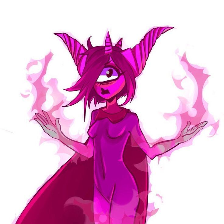 a drawing of a woman with pink hair and horns on her head, wearing a purple dress