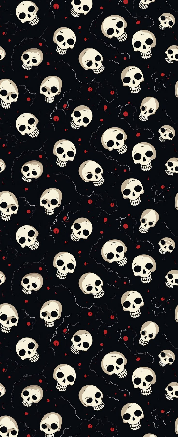 a bunch of skulls that are on a black background with red berries in the middle