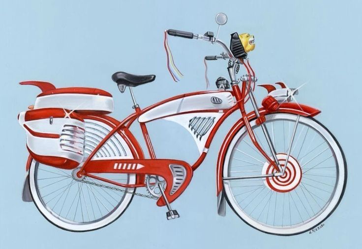 a red and white bicycle is shown against a blue sky