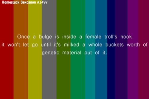 a rainbow striped background with the words, once a bug is inside a female troll's nook it won't let go until it's mixed a whole buckets