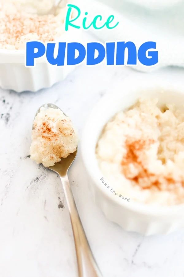 rice pudding in white bowls with spoon on marble counter top and text overlay that reads, rice pudding