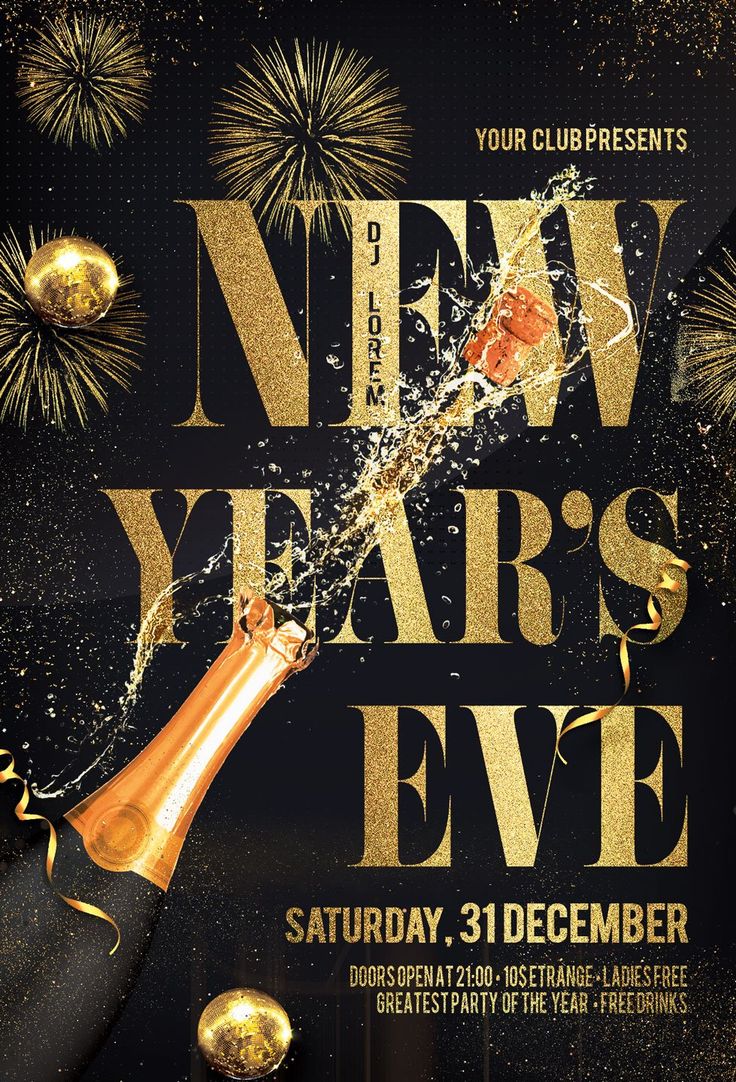 new year's eve party flyer with champagne bottle and firework on black background