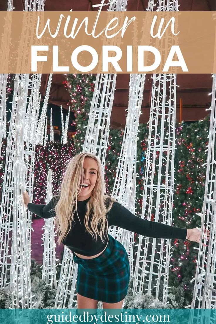 a woman posing in front of christmas trees with the words winter in florida