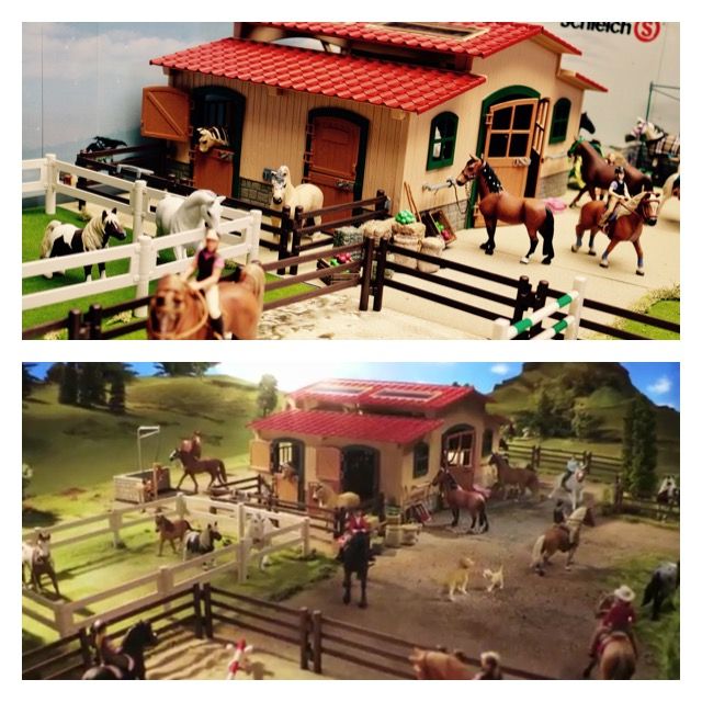 there are two pictures with horses and people in the same area, one has a horse stable