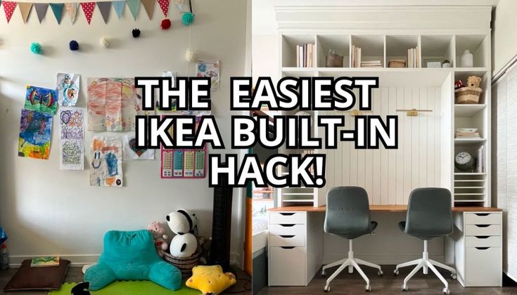 an office with desk, chair and bookshelf in the background text reads the fastest ikea built - in hack