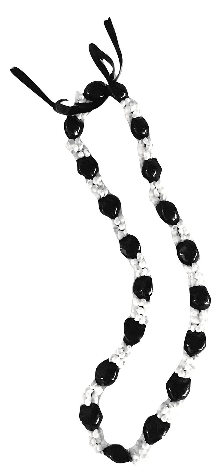 a black and white beaded necklace is shown on a white background with a black ribbon