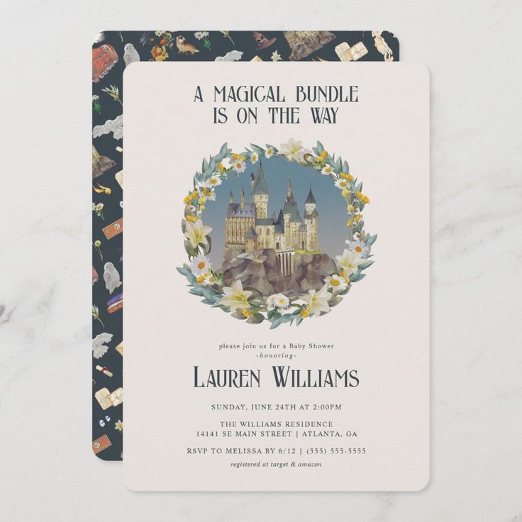 the front and back of a wedding card with an image of hogwarts castle