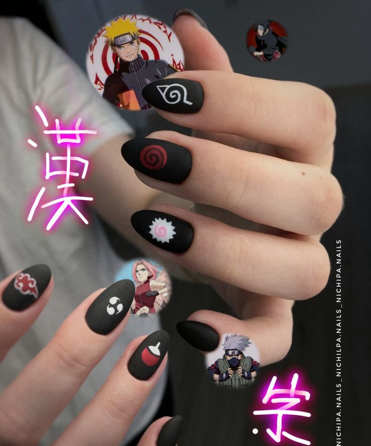 Anime Nail Inspo Simple, Naruto Themed Nails, Kakashi Nails, Sasuke Nails, Subtle Anime Nails, Short Anime Nails, Naruto Inspired Nails, One Piece Nail Design, Easy Anime Nails