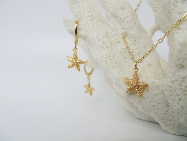 14k Gold Starfish Earrings Gold Star Fish Earrings Starfish - Etsy Starfish Hoop Earrings As Gift, Starfish Charm Hoop Earrings As Gift, Elegant Gold Earrings With Starfish Charm, Gold Drop Earrings With Starfish Charm, Yellow Gold Starfish Earrings For Gift, Yellow Gold Starfish Ocean-inspired Jewelry, Nickel-free Gold Starfish Earrings, Starfish Jewelry, Ocean Earrings