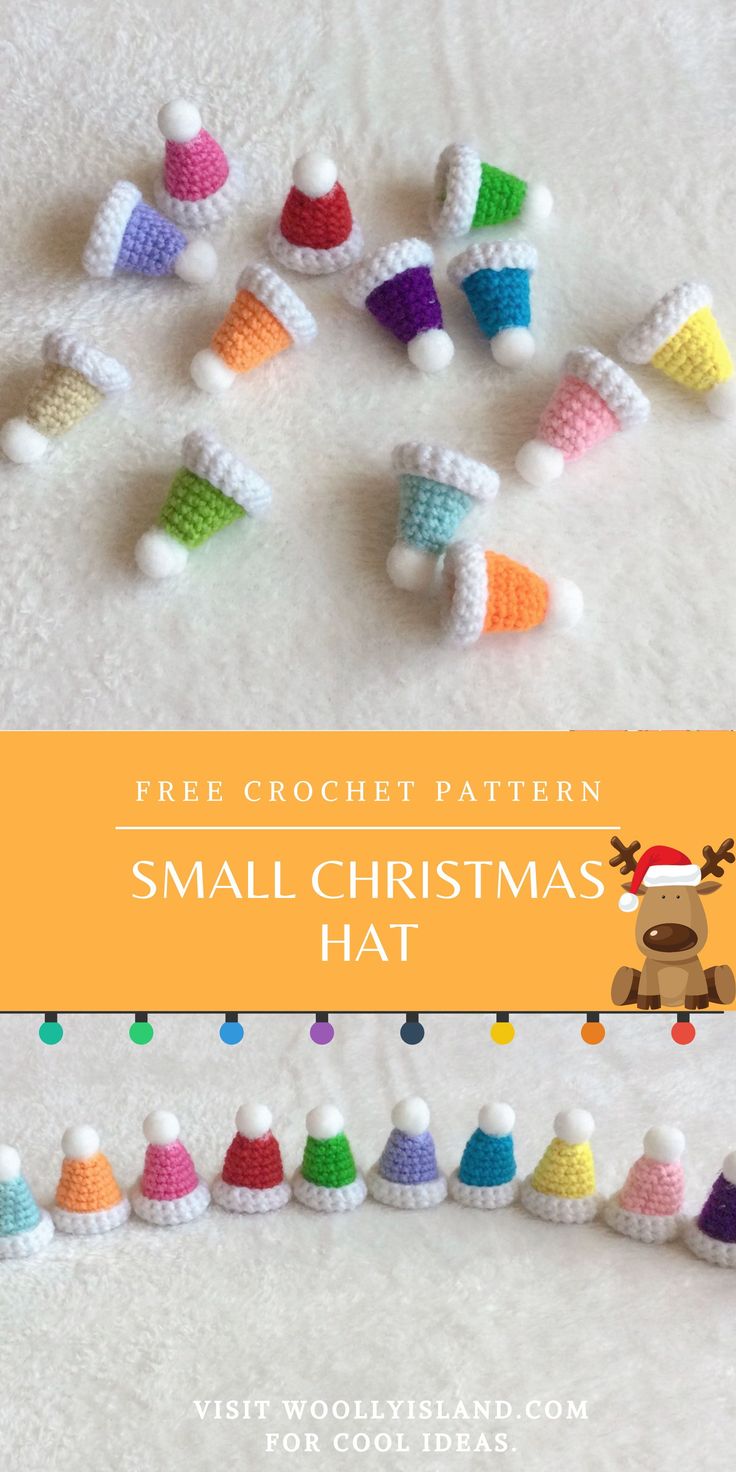 small crochet christmas hats with text overlay that says free crochet pattern