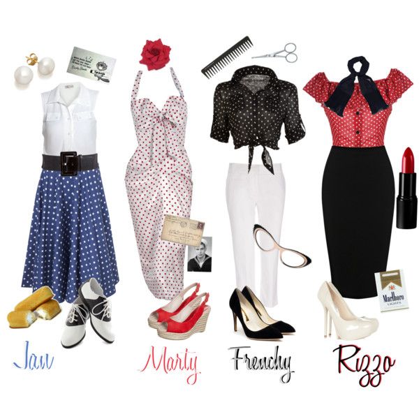 "The Pink Ladies, "Grease"" by tiresomelybohemian on Polyvore Grease Pink Ladies Outfits, The Pink Ladies Costume, Rockabilly Outfits For Women Casual, Grease Party Theme Outfit, Grease Dresses, Halloween Vintage Costume, Grease Fashion 50s, Diy 50s Outfit, Frenchy Grease Outfits