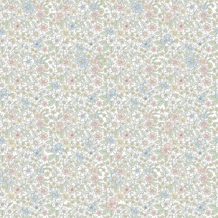 a white and blue floral wallpaper with small flowers on the bottom half of it