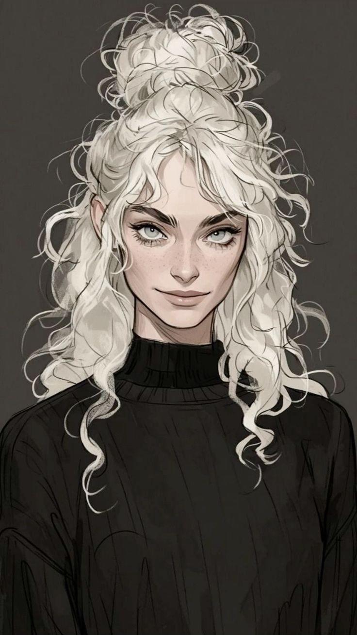 a drawing of a woman with long blonde hair and blue eyes, wearing a black turtle neck