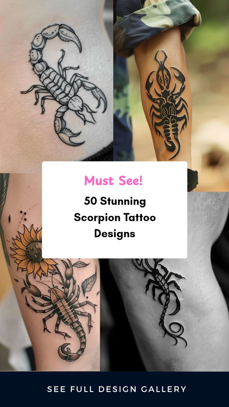 Explore 50 incredible scorpion tattoo designs featuring minimalist, tribal, and floral art. This pin includes four eye-catching images showcasing various styles ideal for tattoo enthusiasts. Elegant Scorpio Tattoo, Unique Scorpion Tattoo, Unique Scorpio Tattoo Zodiac, Minimalist Scorpio Tattoo, Scorpion Tattoo Design Feminine, Scorpion Tattoo Ideas, Scorpion Tattoo Feminine, Scorpion Image, Scorpio Zodiac Sign Tattoo