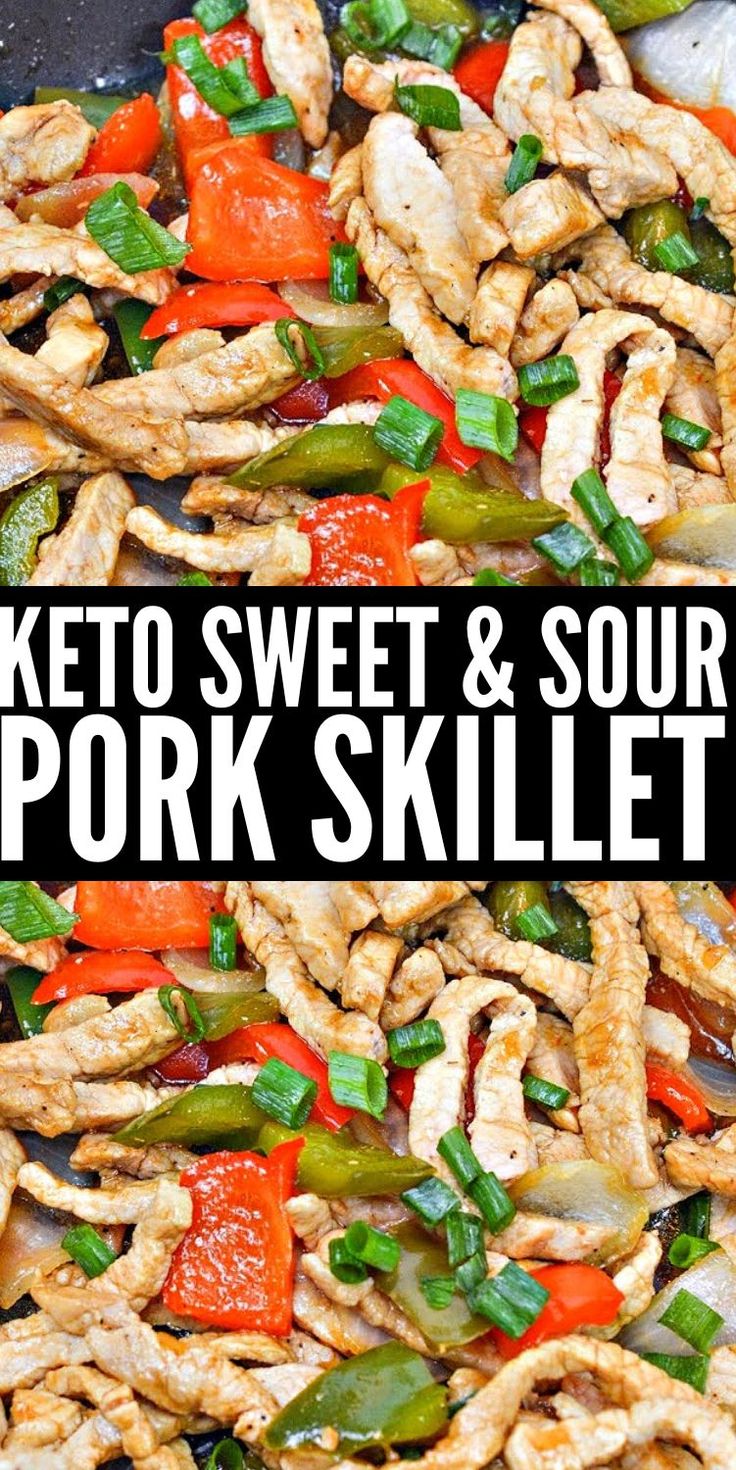 keto sweet and sour pork skillet in a pan with the title above it