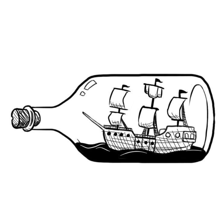 a bottle with a pirate ship in it