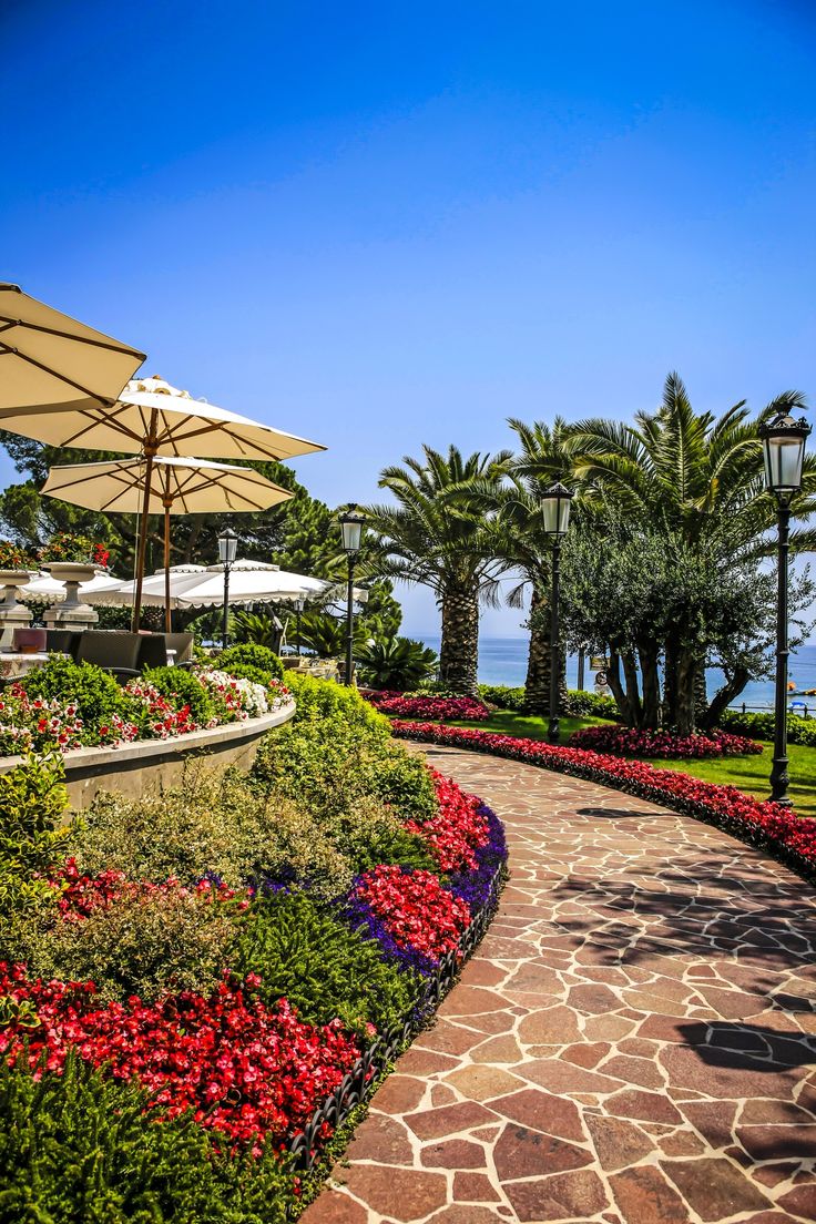 the walkway is lined with flowers and umbrellas