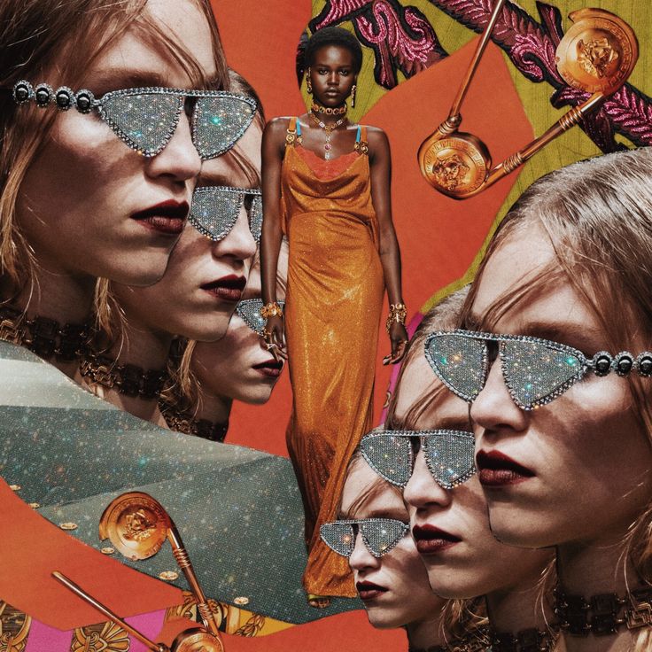 a collage of women with sunglasses and jewelry on their faces, all in different colors