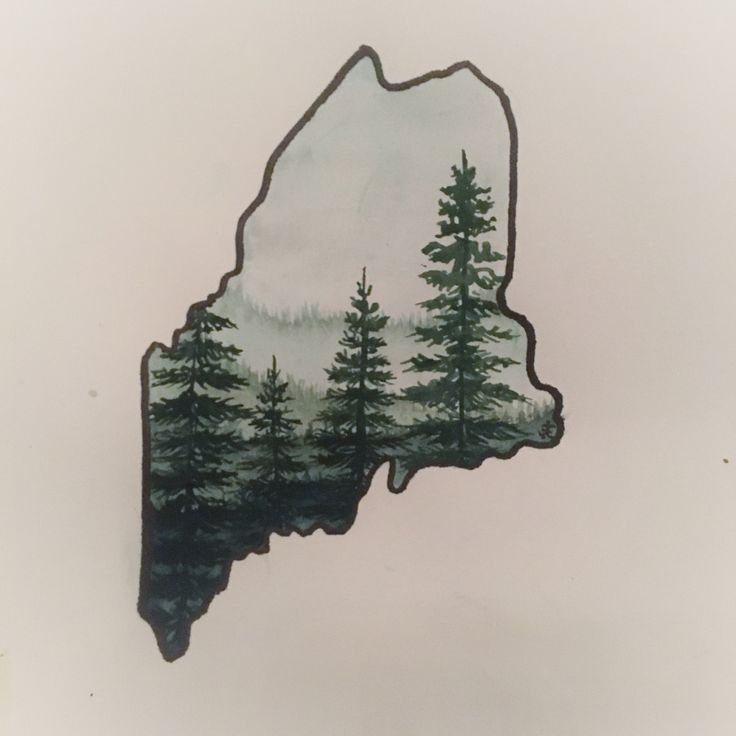 a drawing of the state of minnesota with trees on it's side and mountains in the background