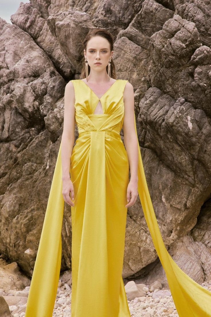 Natalia Sheath V-Neck Silk Satin Floor Length Dress - MEAN BLVD Bridesmaids Spring, Crop Top Camisole, Cape Sleeve Dress, Puffy Dresses, Mean Blvd, Lace Evening Gowns, Dress Drape, Off Shoulder Dresses, Yellow Satin