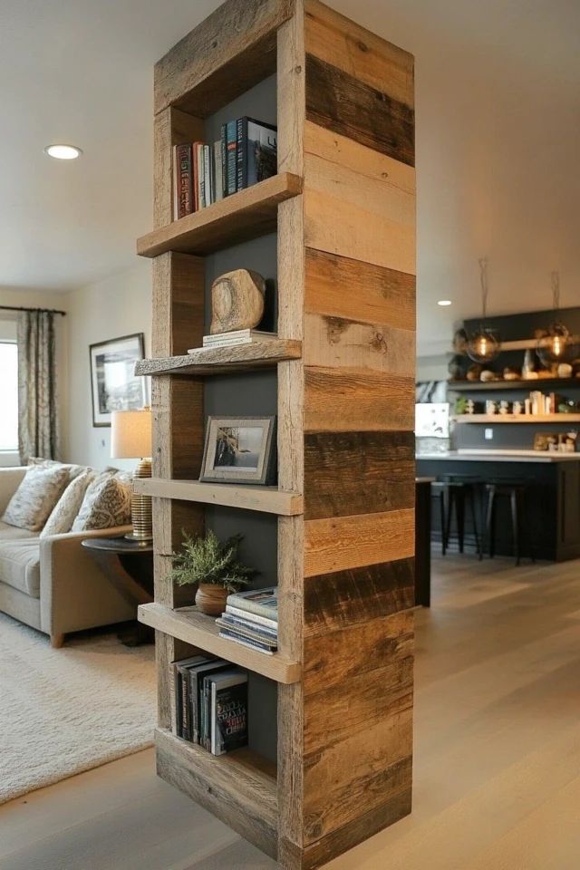 a living room filled with furniture and bookshelves next to a white carpeted floor