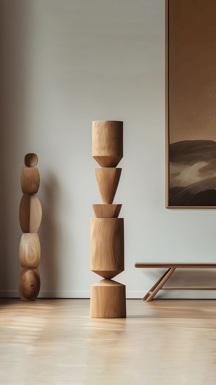 a stack of wooden blocks sitting on top of a hard wood floor next to a painting