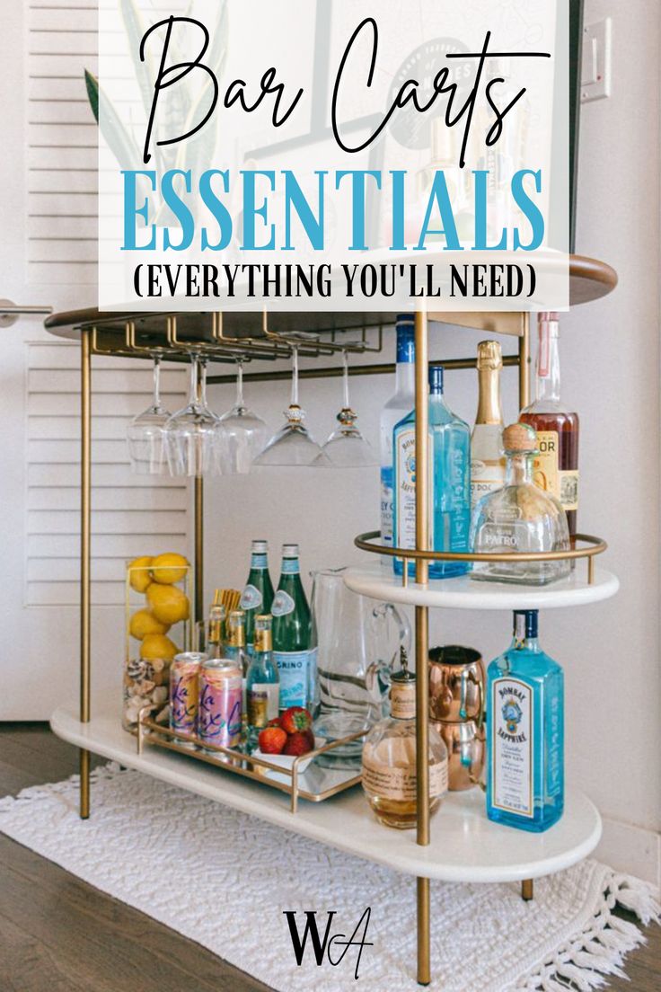 a bar cart with bottles and glasses on it