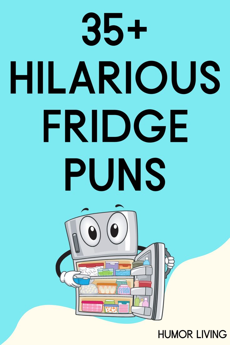 a cartoon fridge with the words 35 + hilarious frigge puns on it