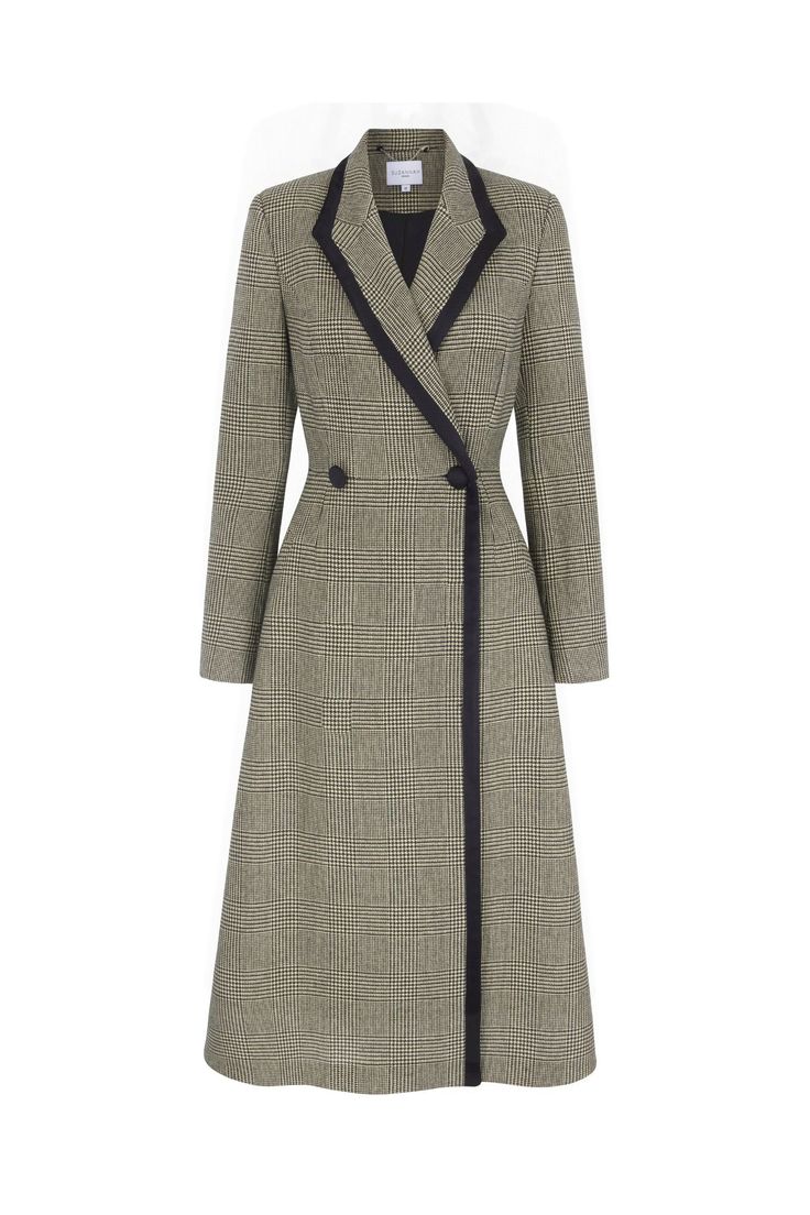 Our Washington Prince of Wales Coat is a chic wardrobe investment, taking inspiration from a vintage hunting coat. Cut from an incredibly soft and warm luxurious cashmere virgin wool blend Italian cloth, The Washington Coat is extremely flattering, with a modern semi-fitted cut, outlined in chic black silk satin. The coat is also entirely lined in silk satin. The soft A-line midi skirt of the coat has perfectly-placed front pockets. Single breasted button detailing with black silk contrast cover Old Money Coat, Coat Winter Outfit, A Line Coat, Coat Details, Luxury Coat, Dress Coats, Hunt Coat, Vintage Hunting, Gown Suit