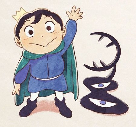 a drawing of a little boy with a crown on his head and an evil looking demon behind him