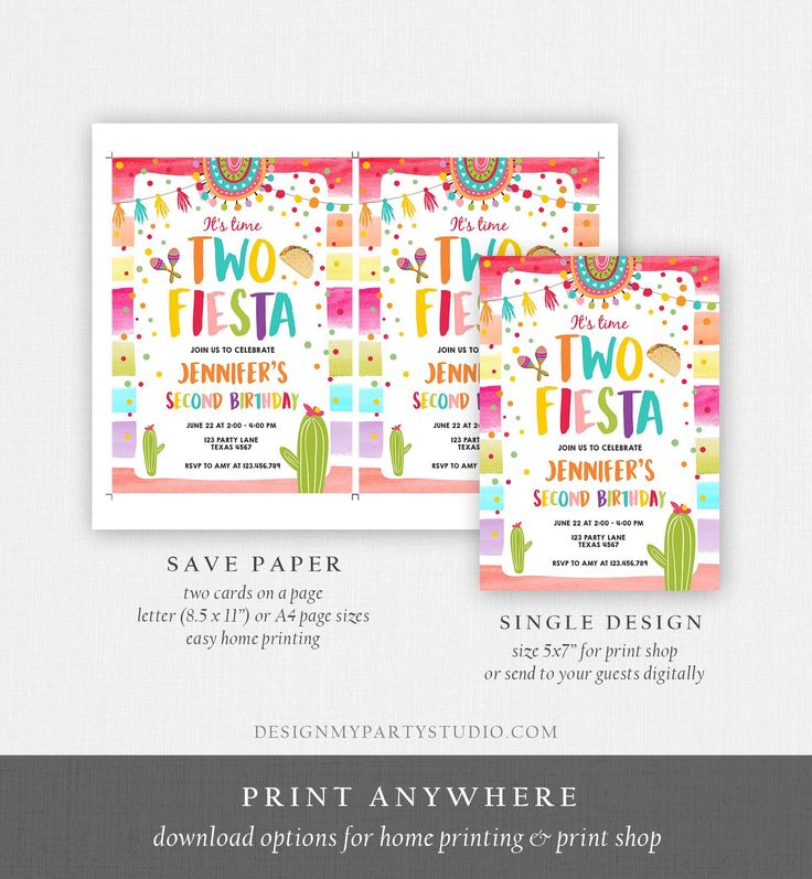 two fiesta themed birthday party cards with the text, two fiestas and a cactus