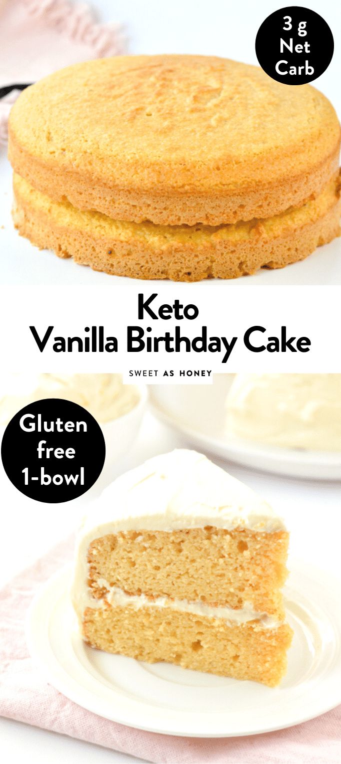 a cake with vanilla frosting on top and the words keto vanilla birthday cake below