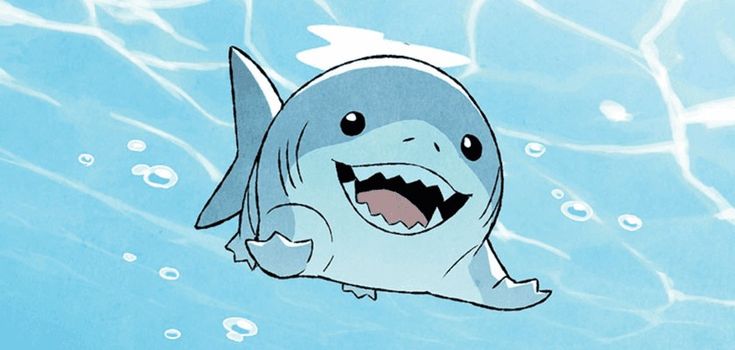 a cartoon shark with its mouth open in the water