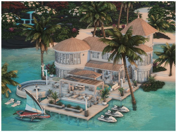 an artist's rendering of a house on the water with palm trees around it