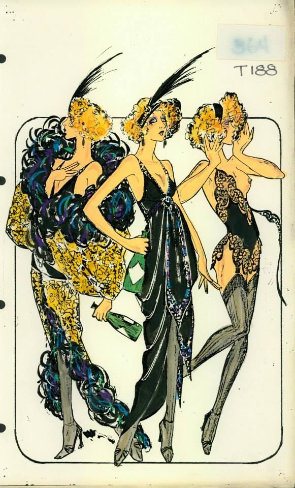 three women dressed in evening gowns are dancing