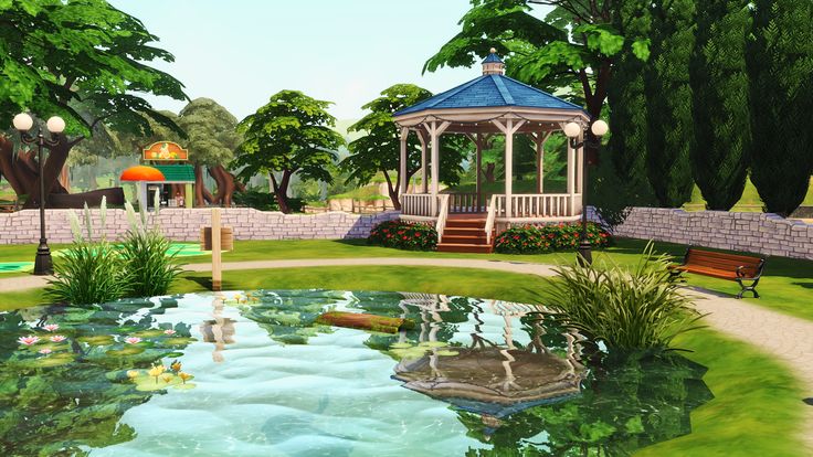 a park with a pond, gazebo and benches