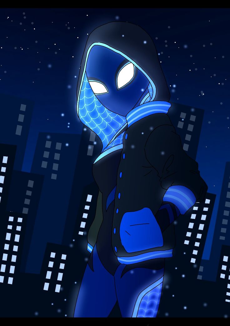 an animated image of a man in a blue suit with glowing eyes and headphones