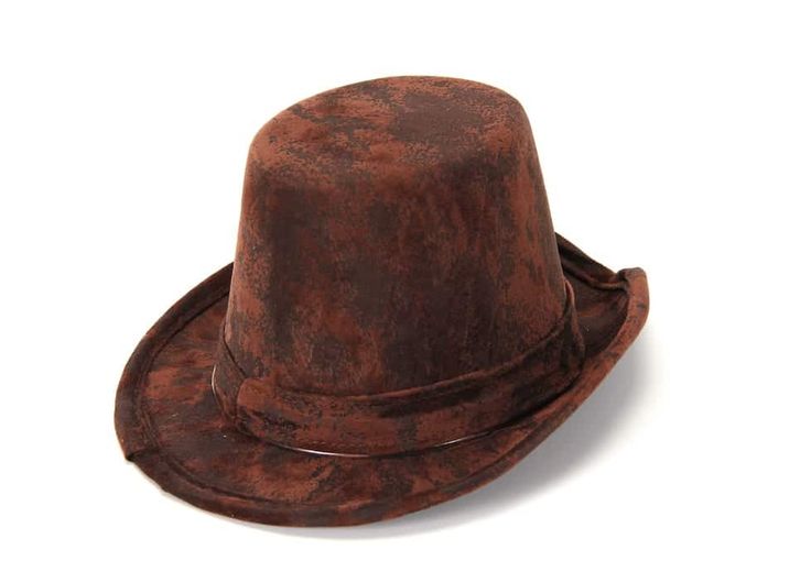 Small faux brown suede top hat, clear elastic head band. Fitted Brown Brimmed Top Hat, Brown Hat Bands For Fall Party, Brown Hat Bands For Party In Fall, Adjustable Brown Mini Hats For Western-themed Events, Fitted Brown Top Hat For Western-themed Events, Brown Mini Hat For Festivals, Fitted Brown Wide Brim Costume Hat, Brown Short Brim Top Hat For Party, Adjustable Brown High Crown Top Hat