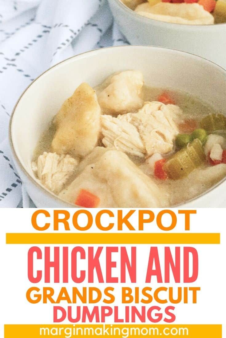 chicken and dumplings in a white bowl with text overlay