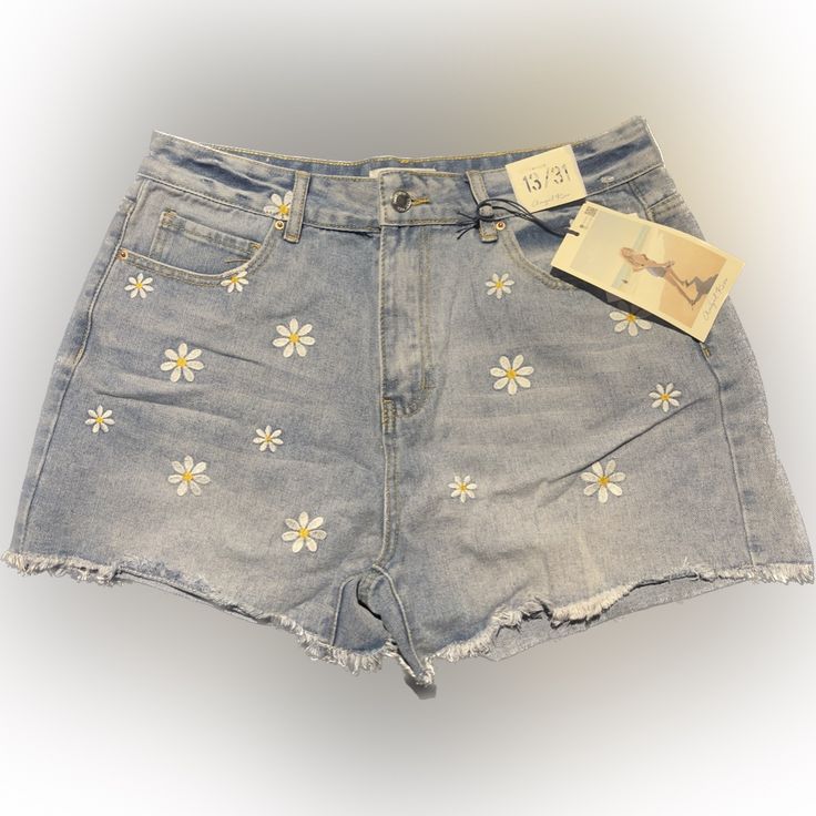 Angel Kiss Denim Shorts With Frayed Hem Size 13 Junior New With Tags High Waist Denim Blue Bottoms With Floral Embroidery, High-waist Denim Blue Bottoms With Floral Embroidery, Cute Cotton Jeans For Summer, Cute Summer Cotton Jeans, Trendy Denim Blue Bottoms With Floral Embroidery, Cute Denim Bottoms For Summer, Cute Summer Denim Bottoms, Trendy Floral Embroidered Denim Blue Bottoms, Cute High Waist Jean Shorts For Spring