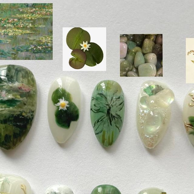 there are many different pieces of art on display together, including rocks and water lilies